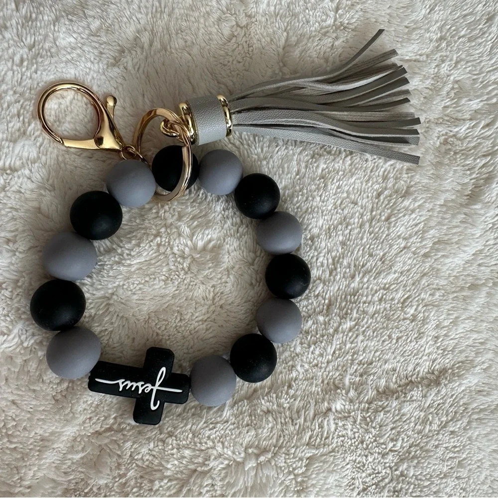 Wristlet Keychain Jesus Cross Tassel Black & Gray Beaded Keychain Bracelet NWT